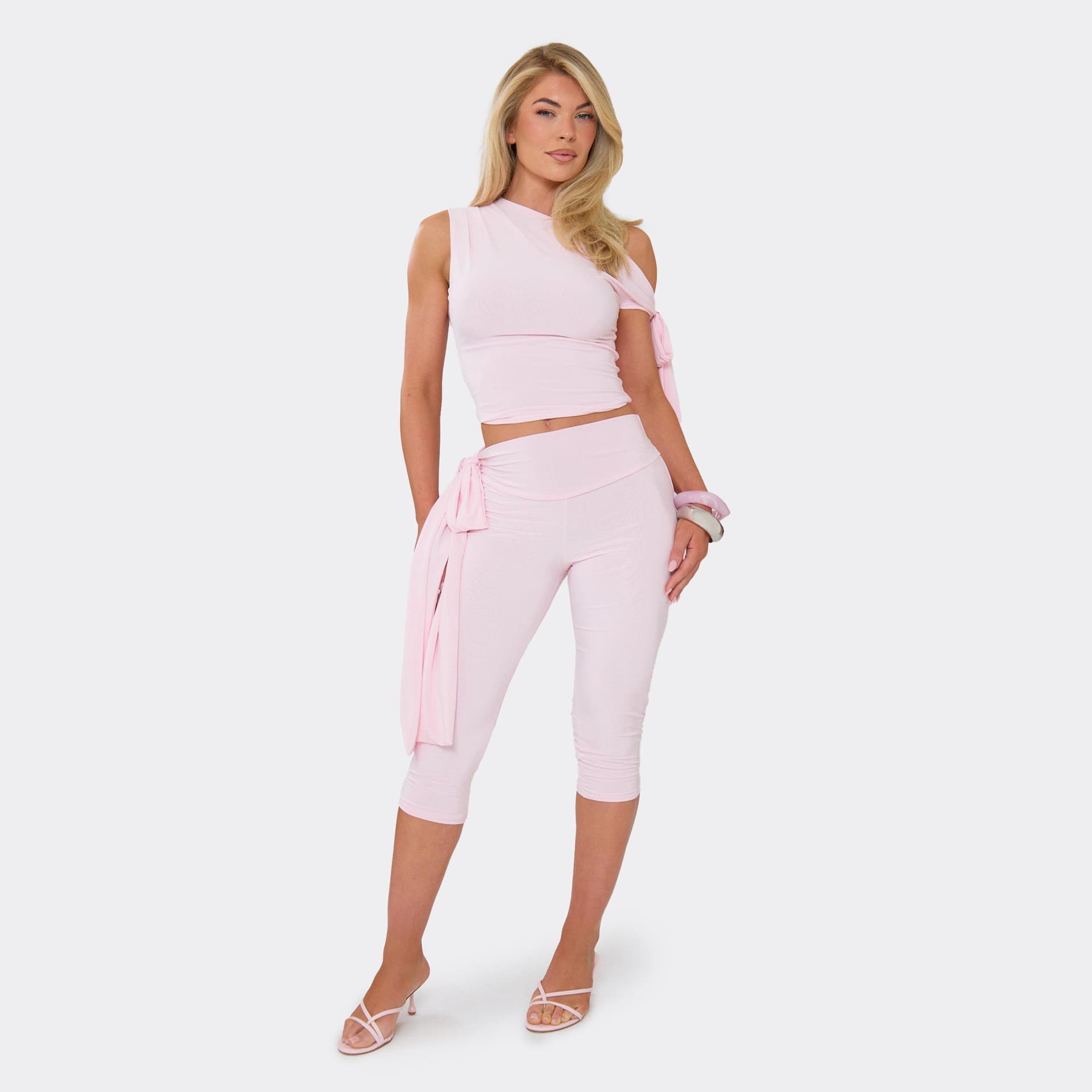 EGO Off The Shoulder Tie Drape Detail Top And Capri Leggings Co-Ord Set In Pink, Women's Size UK 6