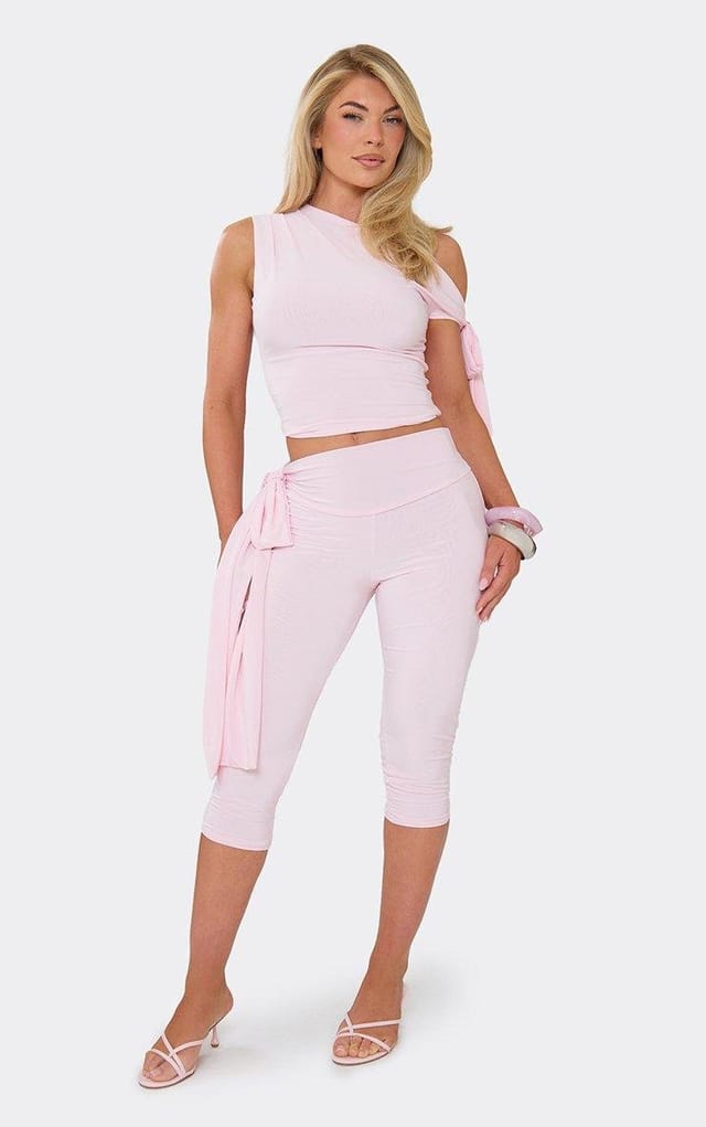 EGO Off The Shoulder Tie Drape Detail Top And Capri Leggings Co-Ord Set In Pink, Women's Size UK 6 - 2