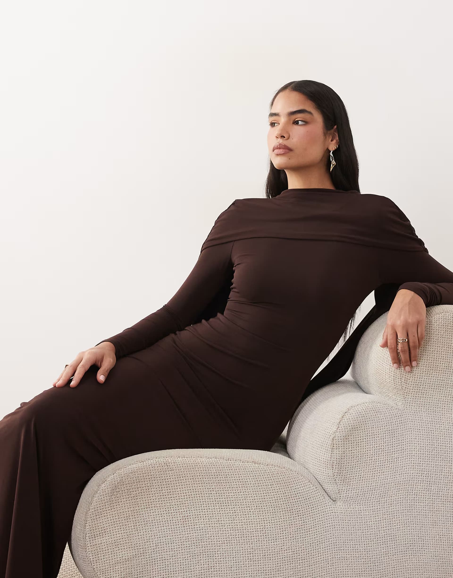 ASOS ASOS DESIGN slinky long sleeve maxi dress with extreme cape shoulder detail in chocolate