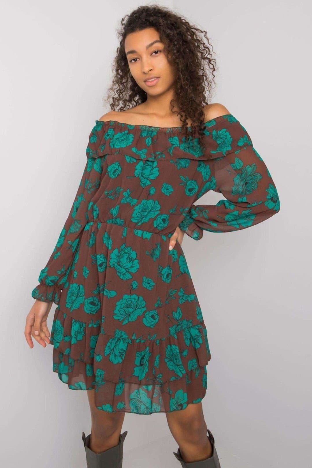 Love Lace Love Lace Women's Lined Long Sleeve Spanish Neck Frill Hem Dress in Brown