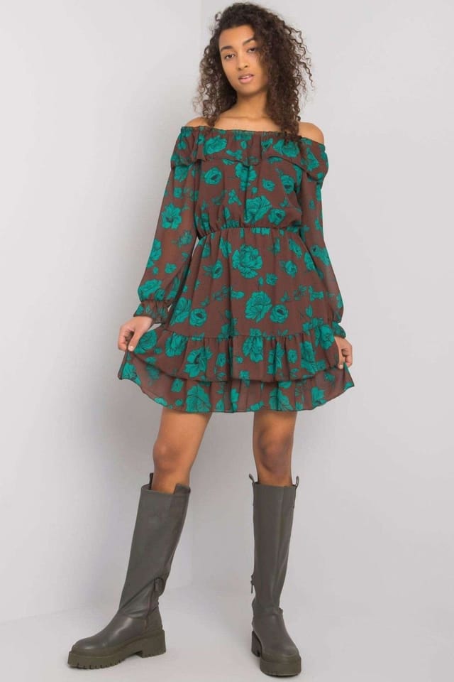 Love Lace Love Lace Women's Lined Long Sleeve Spanish Neck Frill Hem Dress in Brown - 2