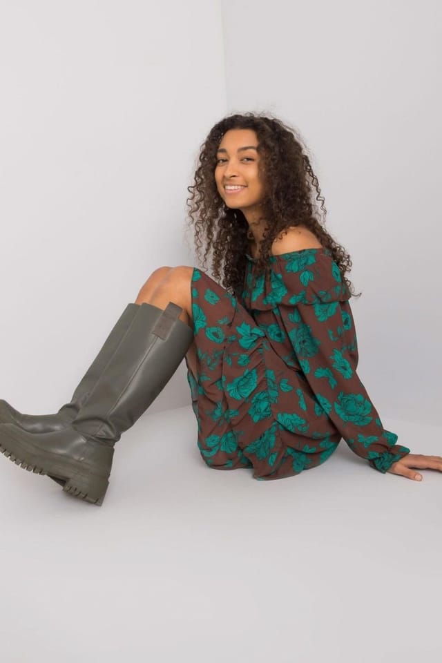 Love Lace Love Lace Women's Lined Long Sleeve Spanish Neck Frill Hem Dress in Brown - 3