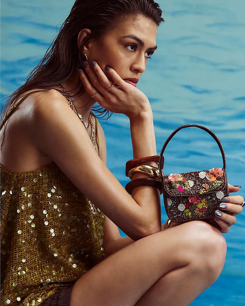 River Island River Island Womens Brown Beaded Mini Crossbody Bag