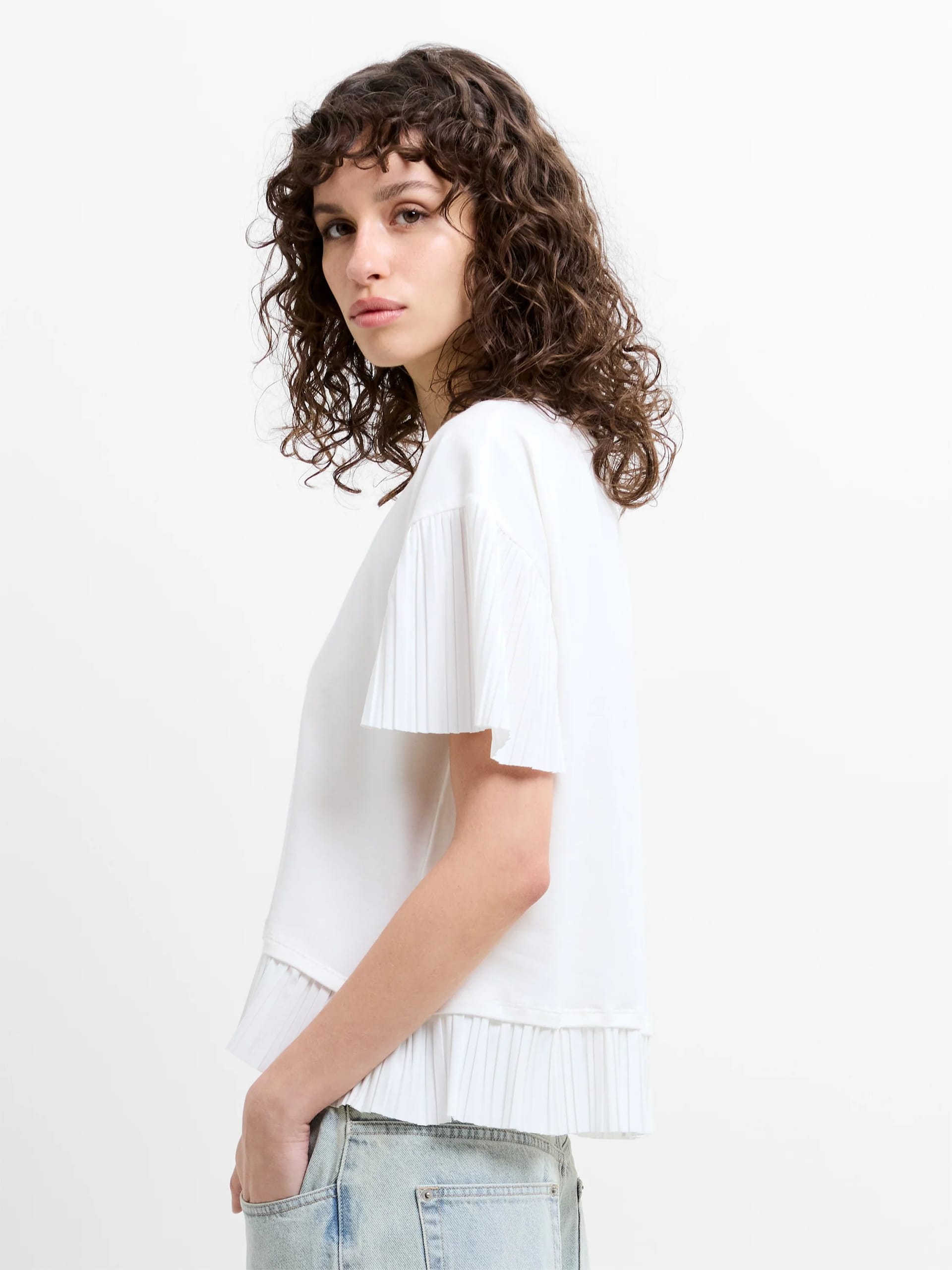 French Connection White Linen Plisse Trim T-Shirt