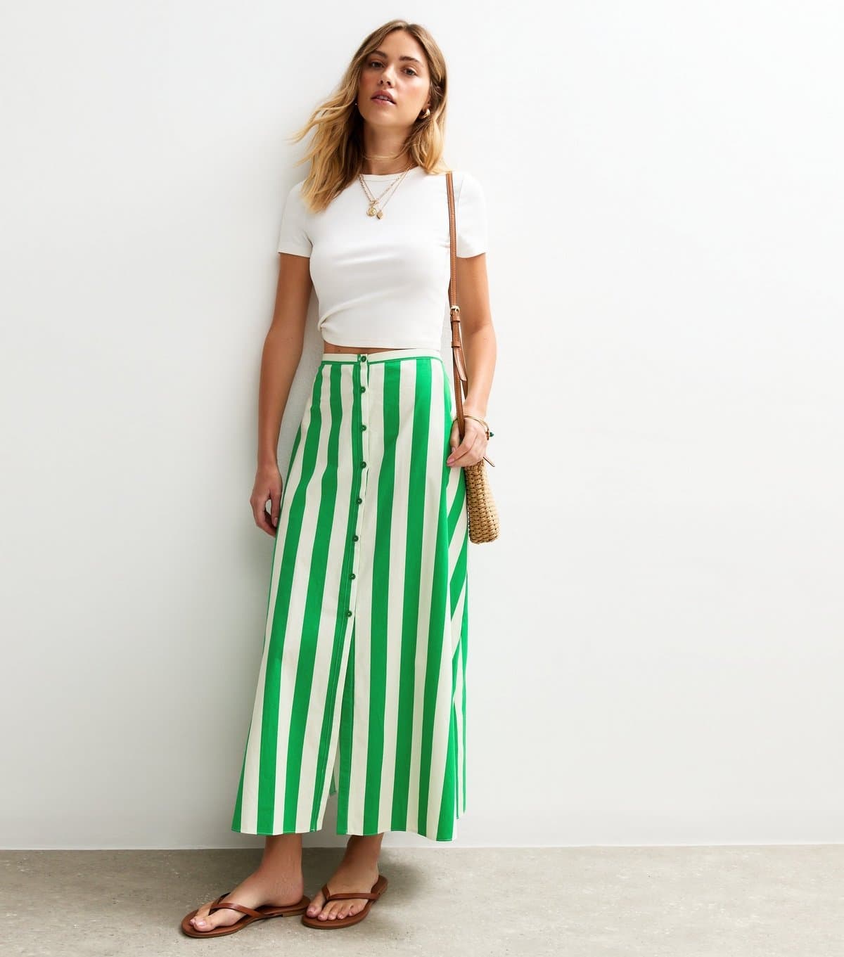 New Look Women's Green Stripe Print Poplin Button Front Midi Skirt New Look