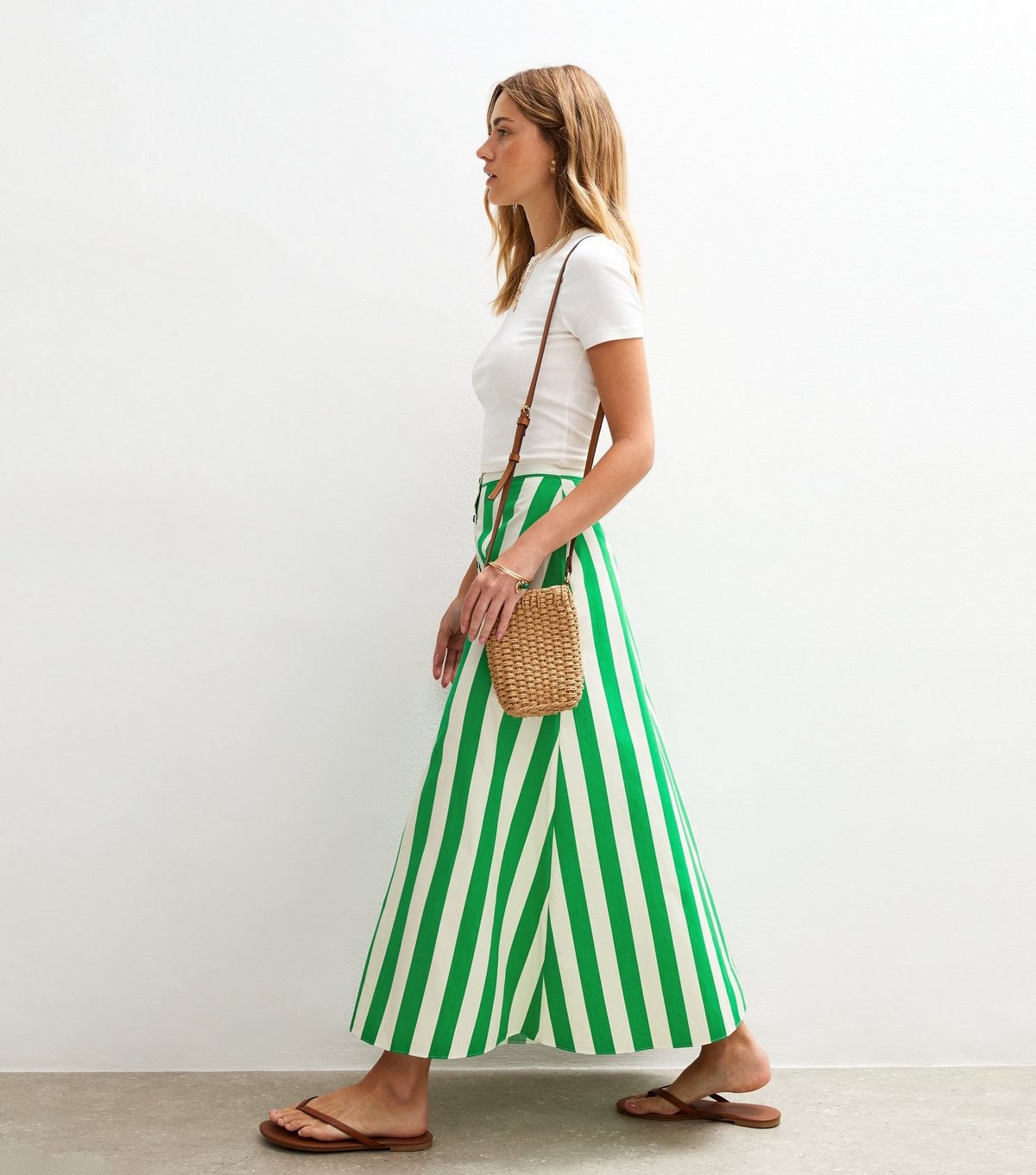 New Look Women's Green Stripe Print Poplin Button Front Midi Skirt New Look - 3
