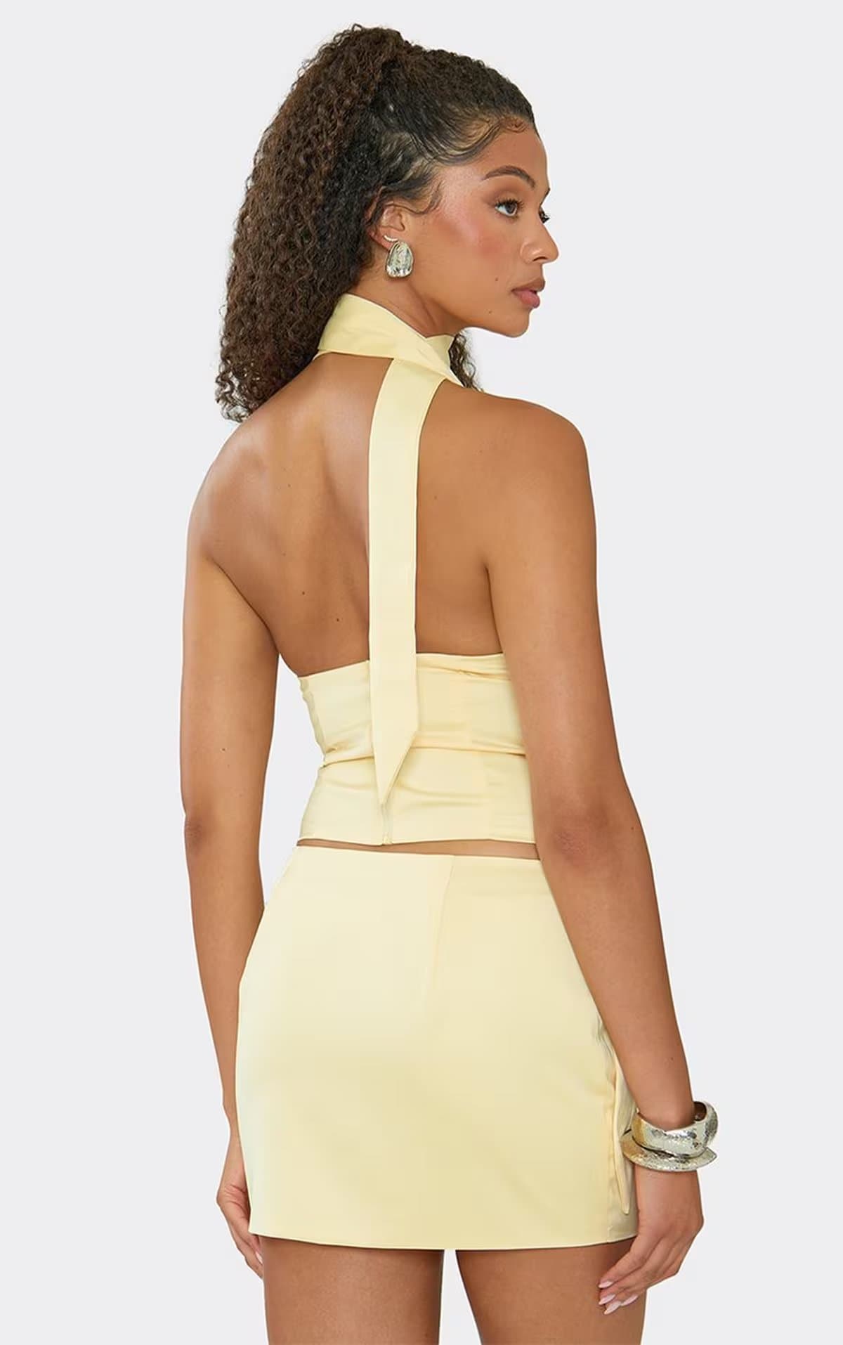 EGO Mid Rise Mini Skirt In Lemon Satin, Women's Size UK 6
