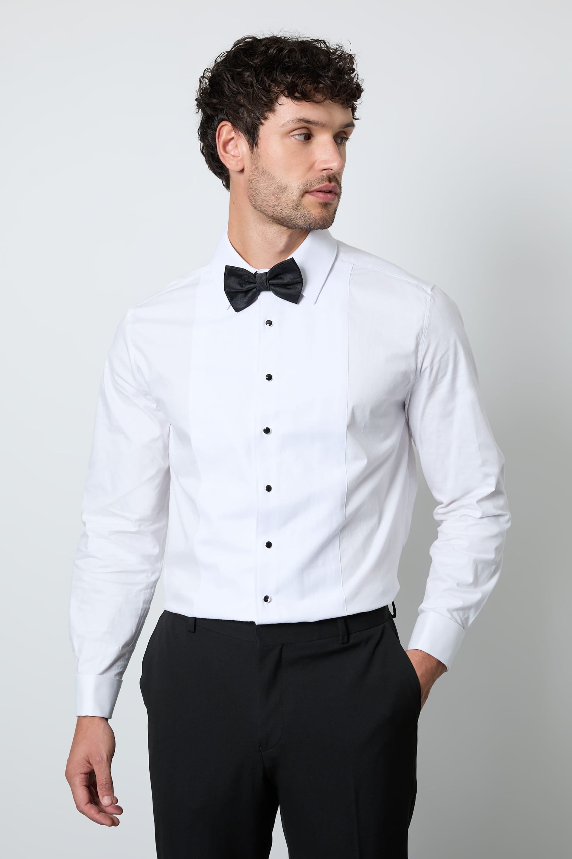 Burton Men's White Bib Front Double Cuff Slim Fit Dress Shirt