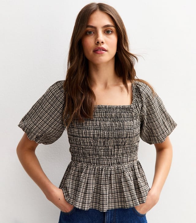 New Look Women's Black Checked Crinkled Shirred Peplum Top New Look - 3