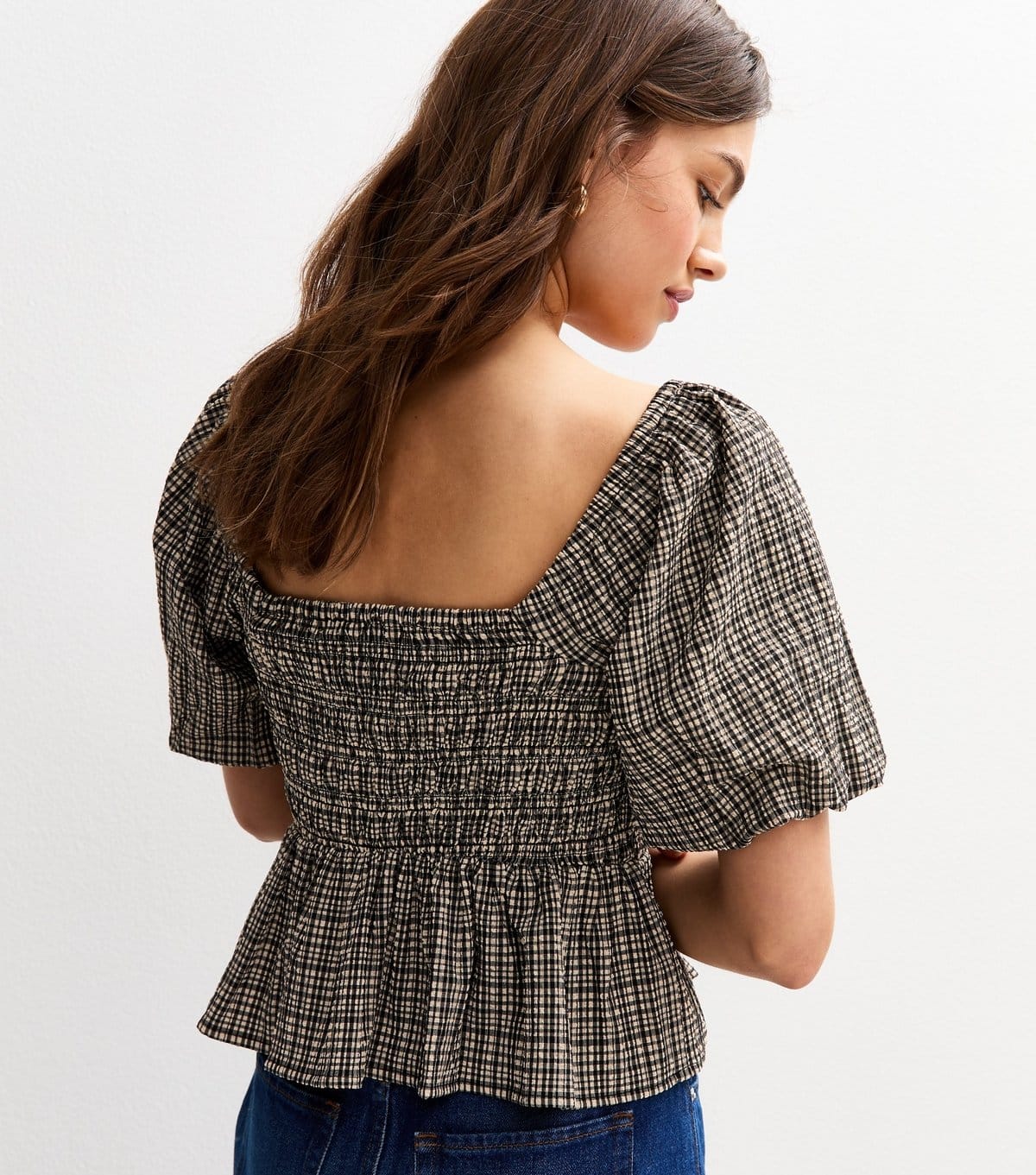 New Look Women's Black Checked Crinkled Shirred Peplum Top New Look - 4