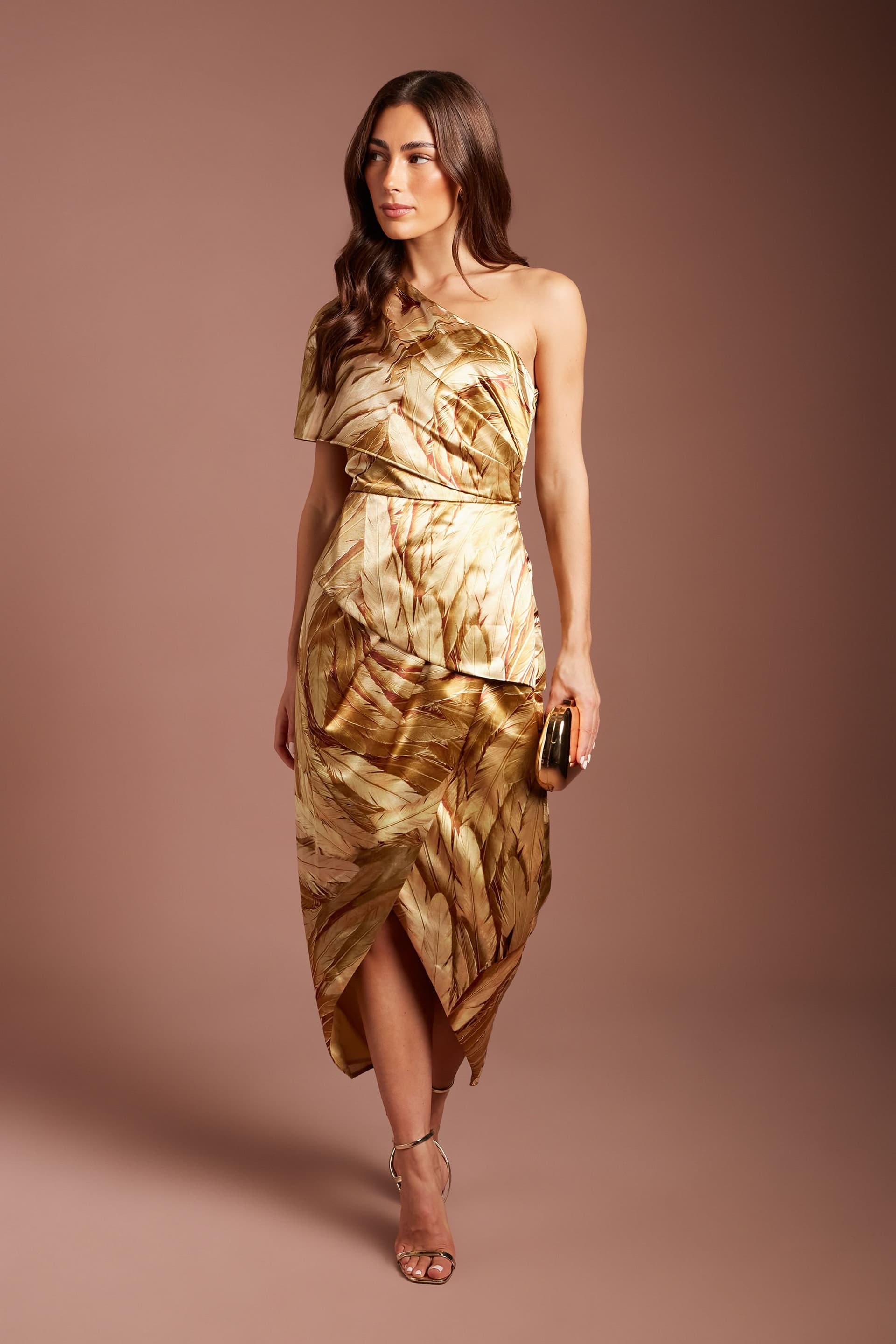 Coast Coast Women's Feather Print One Shoulder Peplum Detail Midi Dress