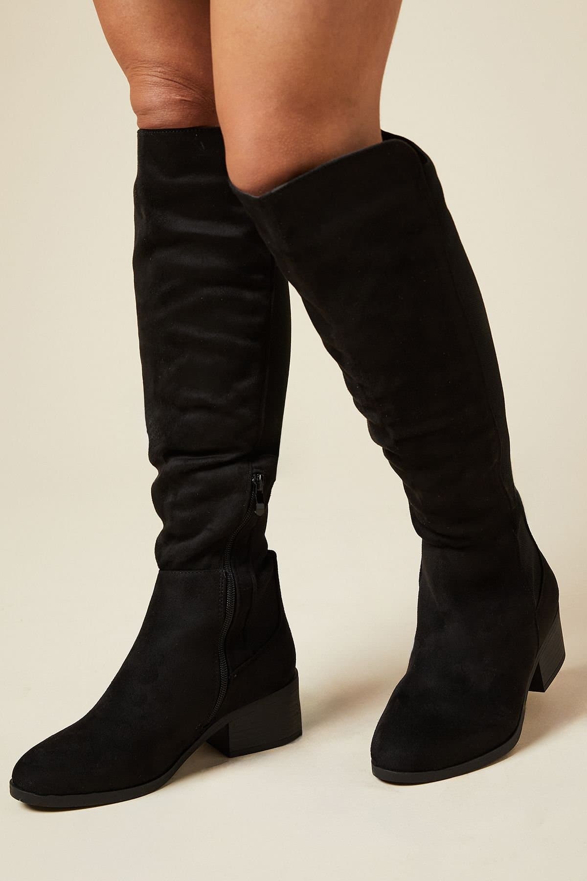 Wallis Wallis Women's Wide Fit Hannah Stretch Back Almond Toe Low Heel Knee Boots in Natural Black