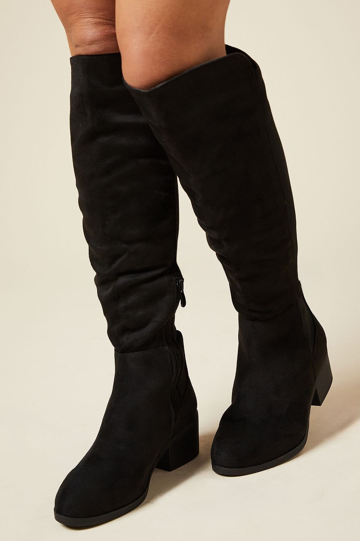 Wallis Wallis Women's Wide Fit Hannah Stretch Back Almond Toe Low Heel Knee Boots in Natural Black - 4