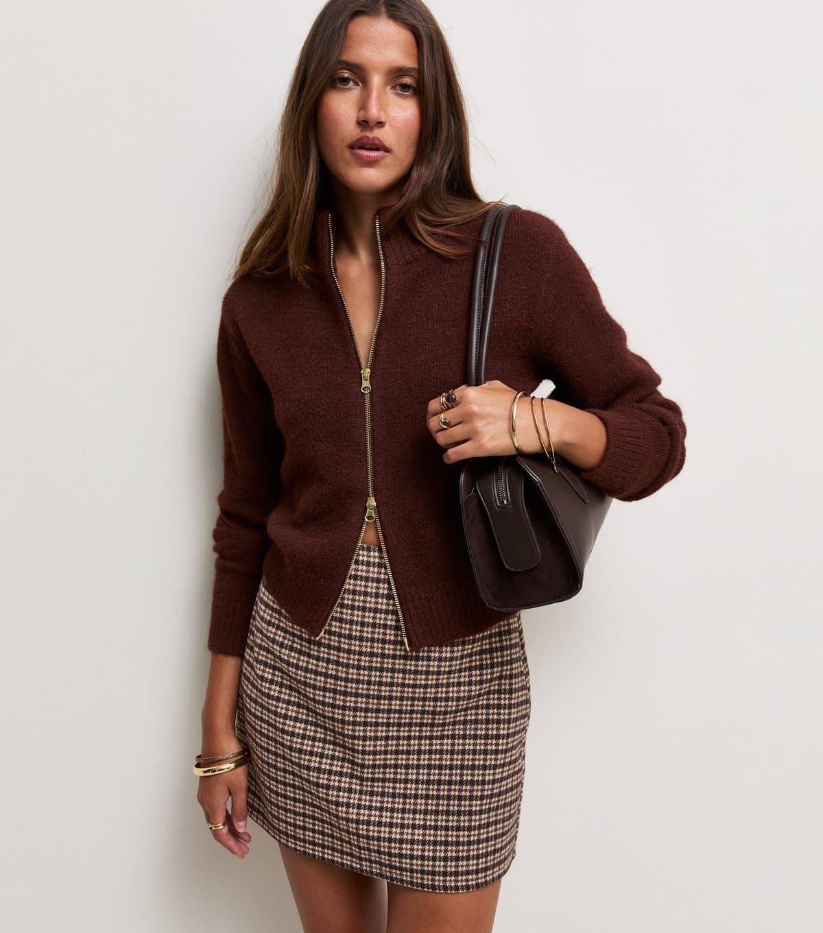 New Look Women's Brown Check High Waisted Mini Skirt New Look