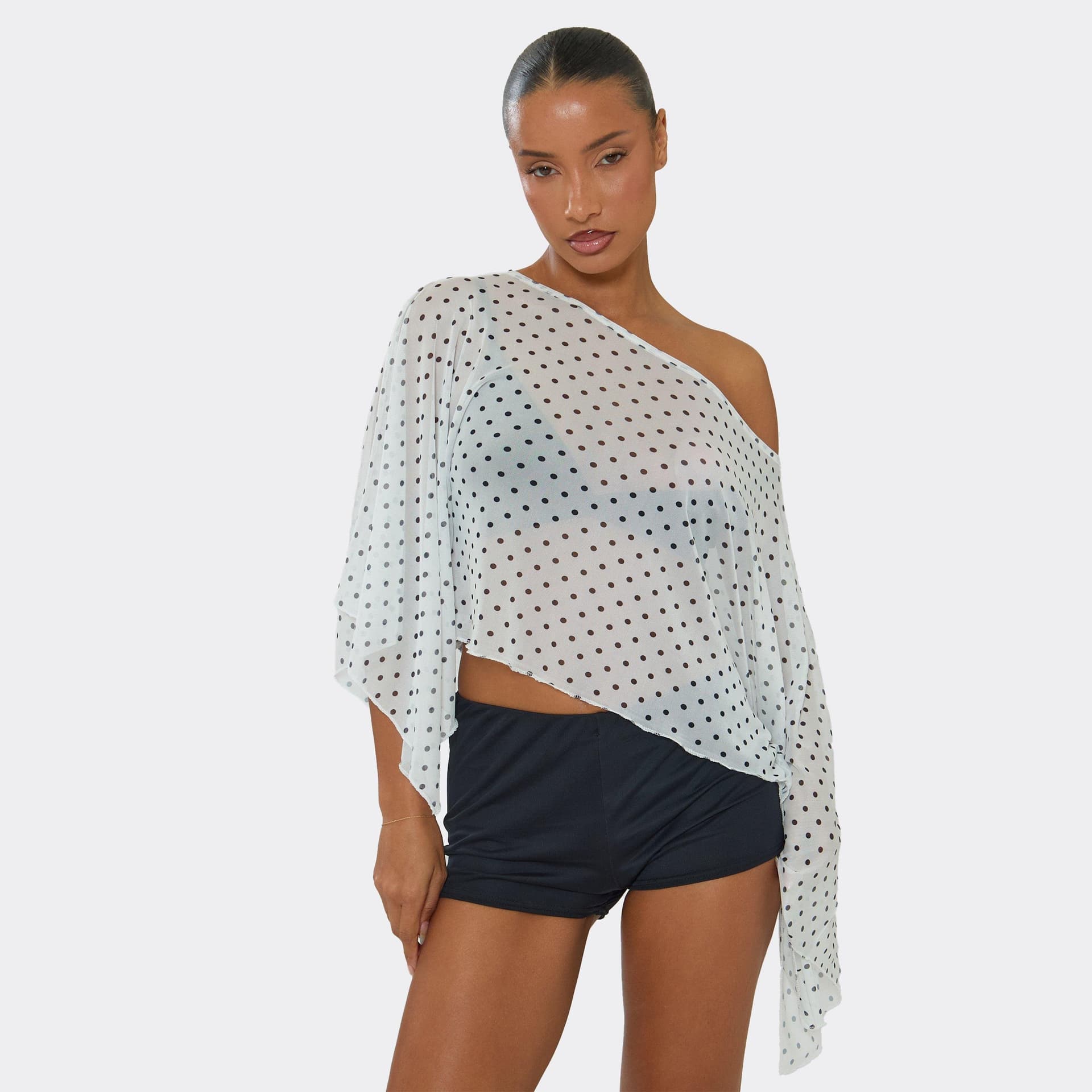 EGO EGO White Polka Dot Cape Top In Mesh, Women's Size UK 6