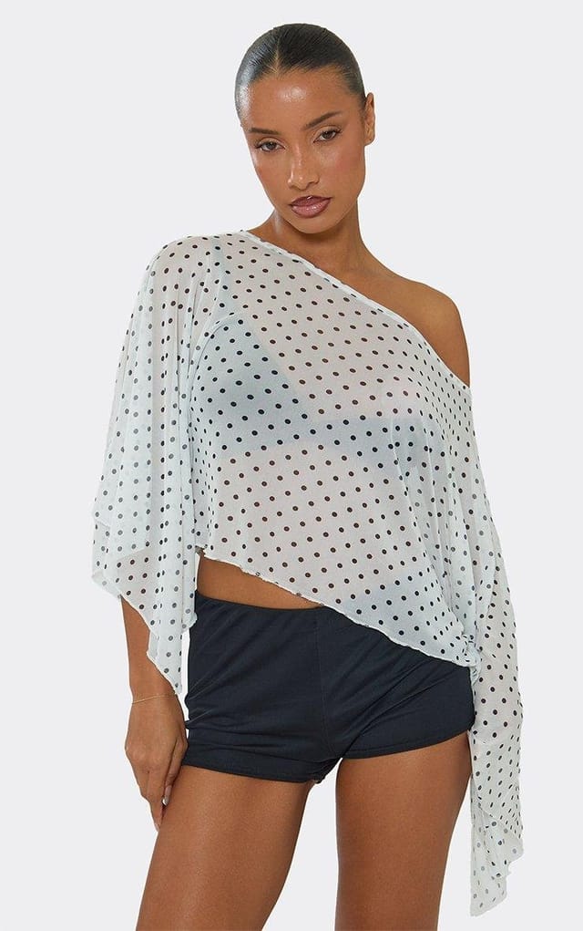 EGO Off The Shoulder Cape Top In White Polka Dot Print Mesh, Women's Size UK 6 - 2