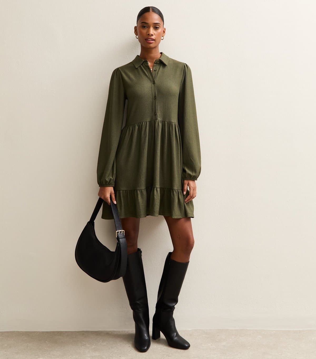 New Look Women's Dark Khaki Crinkled Mini Shirt Dress New Look