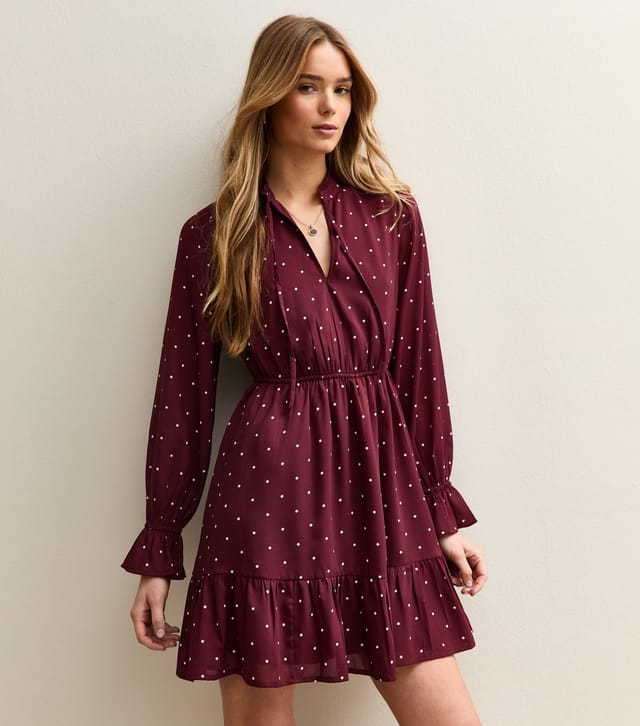 New Look Women's Red Chiffon Polka Dot Tie Neck Mini Dress New Look - 2