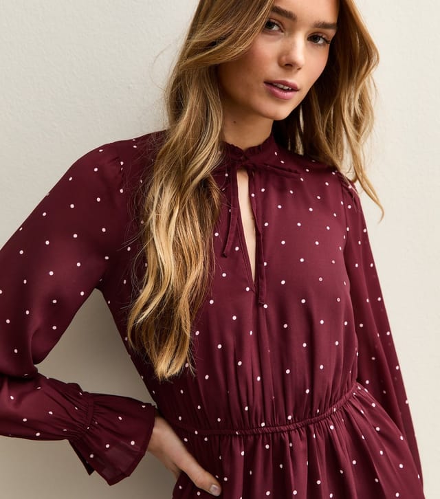 New Look Women's Red Chiffon Polka Dot Tie Neck Mini Dress New Look - 3