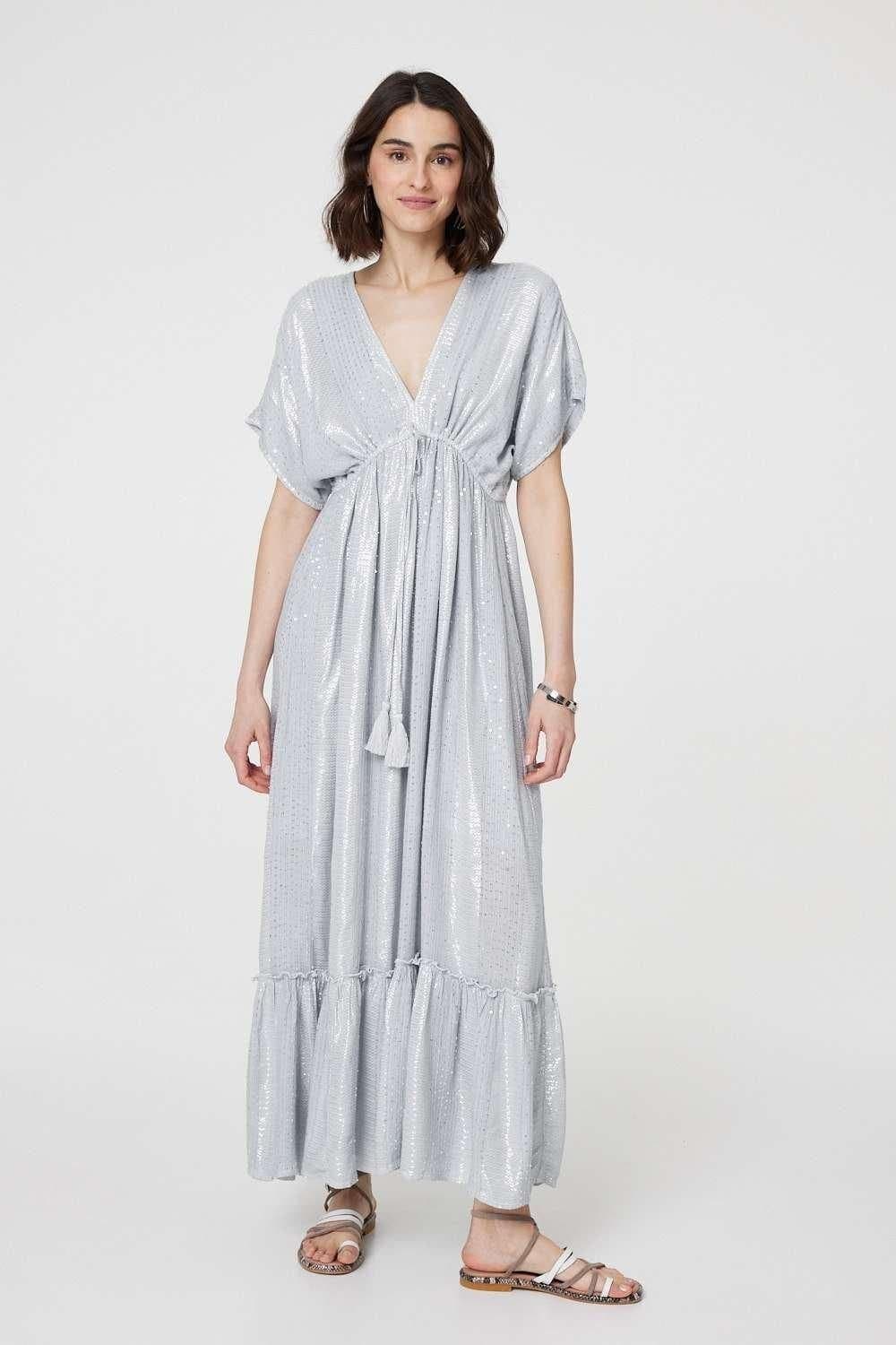 Izabel London Izabel London Women's Dotty Empire Waist Kimono Maxi Dress in Grey