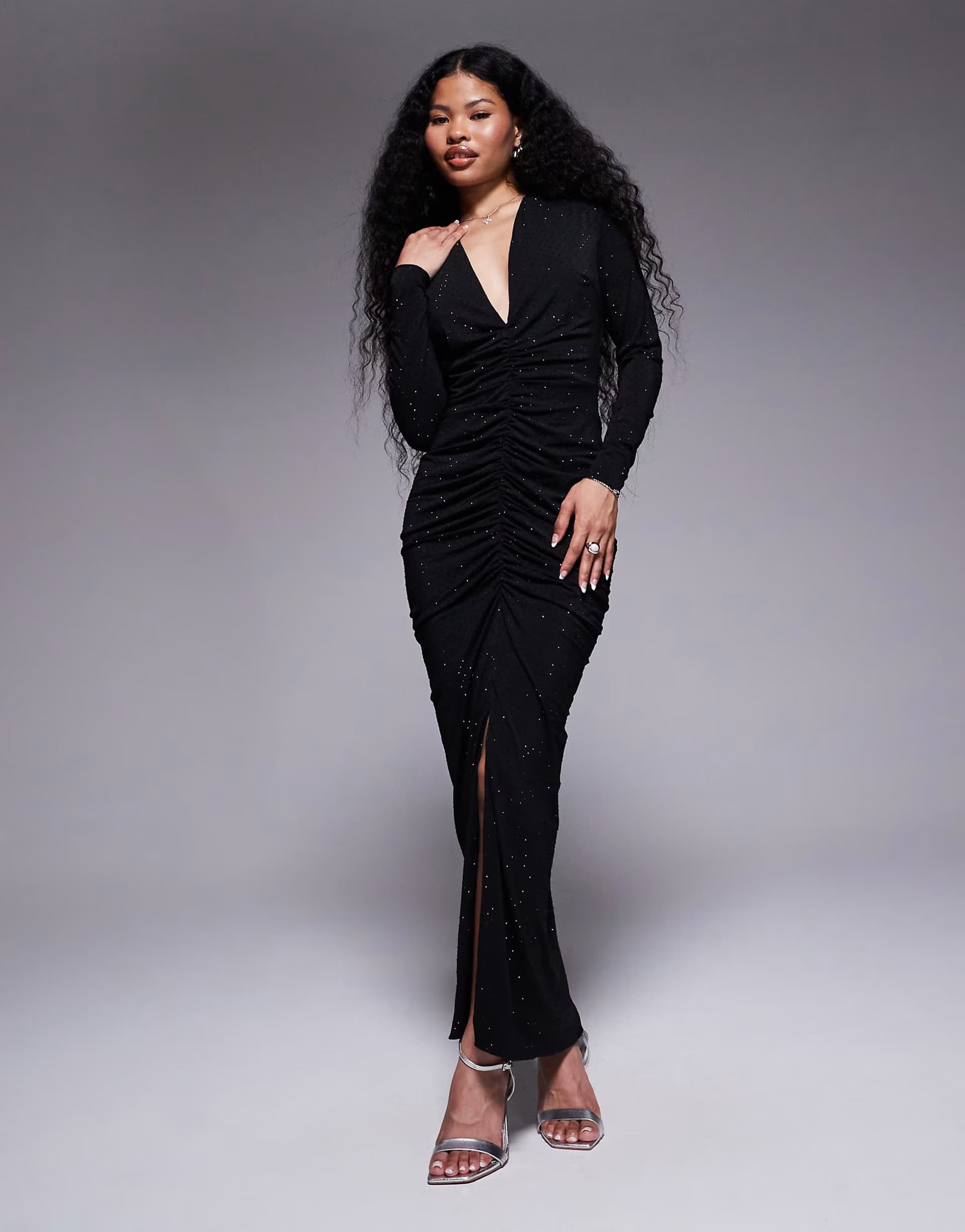 ASOS TFNC Petite long sleeve plunge neck embelished maxi dress in black