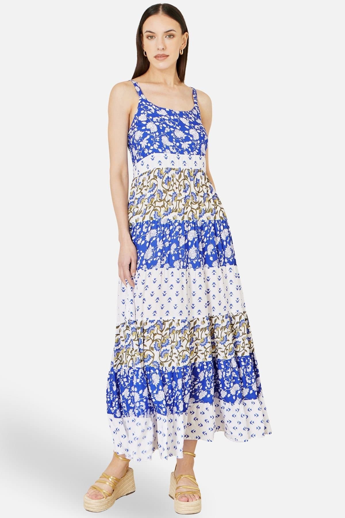 Yumi Yumi Women's White & Blue Rayon Patchwork Print Tiered Maxi Dress in Cobalt