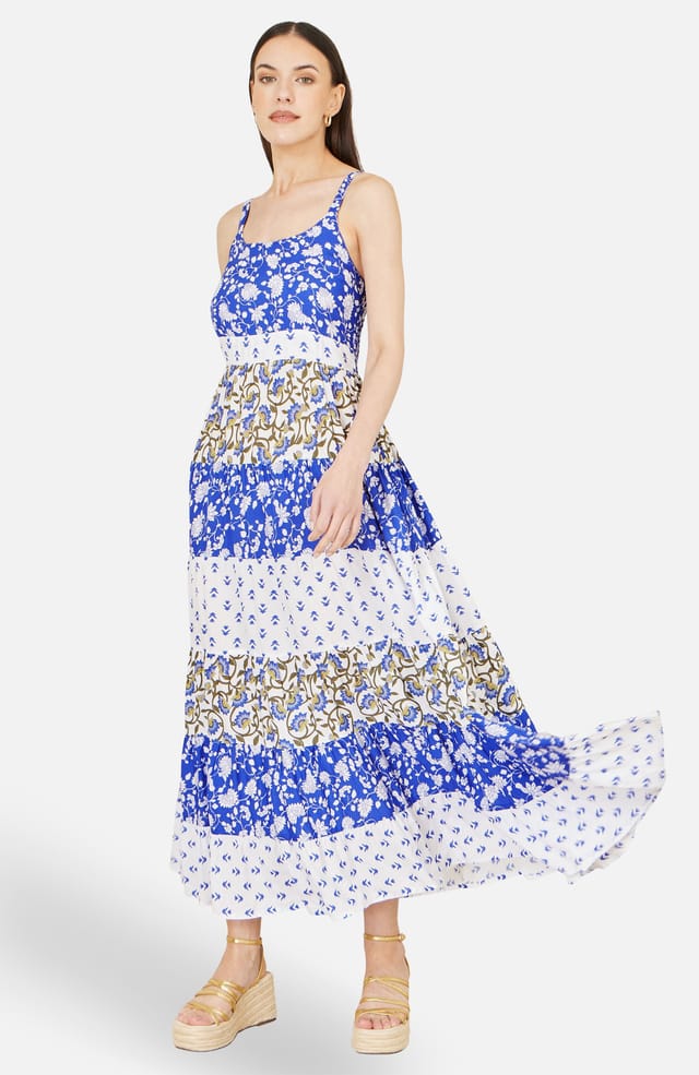 Yumi Yumi Women's White & Blue Rayon Patchwork Print Tiered Maxi Dress in Cobalt - 2