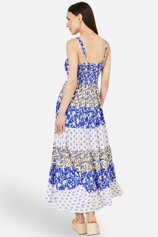Yumi Yumi Women's White & Blue Rayon Patchwork Print Tiered Maxi Dress in Cobalt - 3