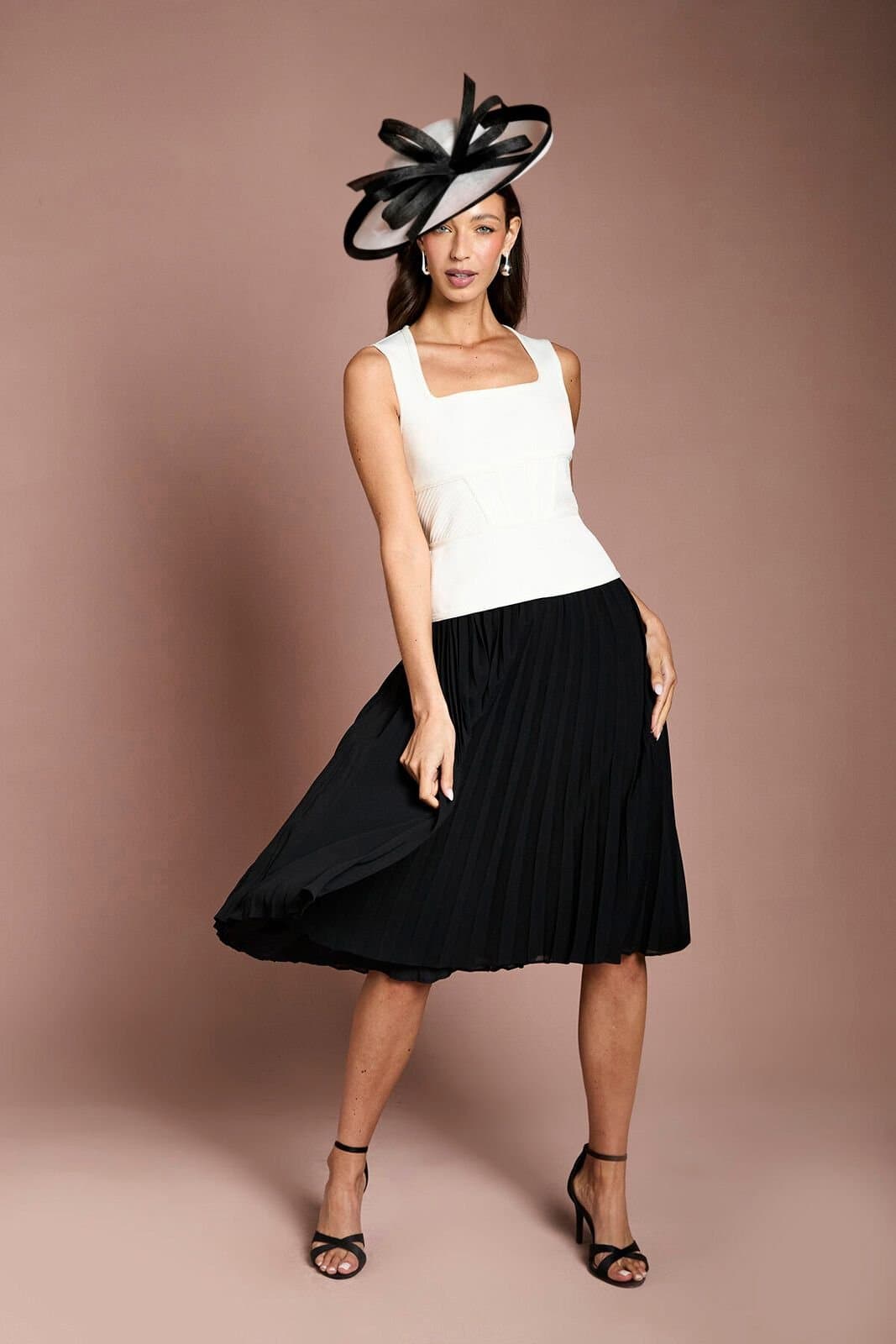 Coast Coast Women's Petite Lisa Tan Bandage Peplum Georgette Pleated Skirt Midi Dress in Mono
