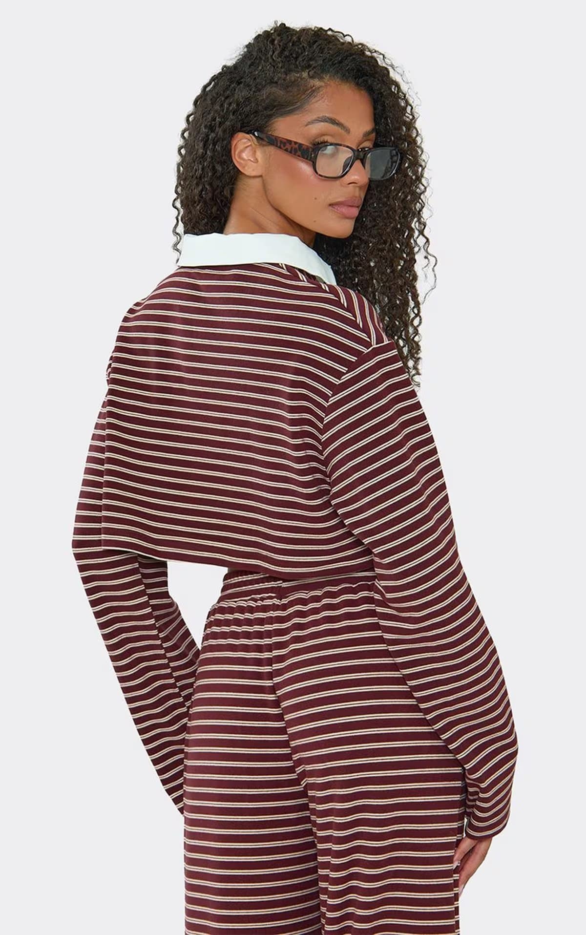 EGO Long Sleeve Contrast Collar Detail Cropped Sweatshirt In Burgundy Stripe, Women's Size UK 6