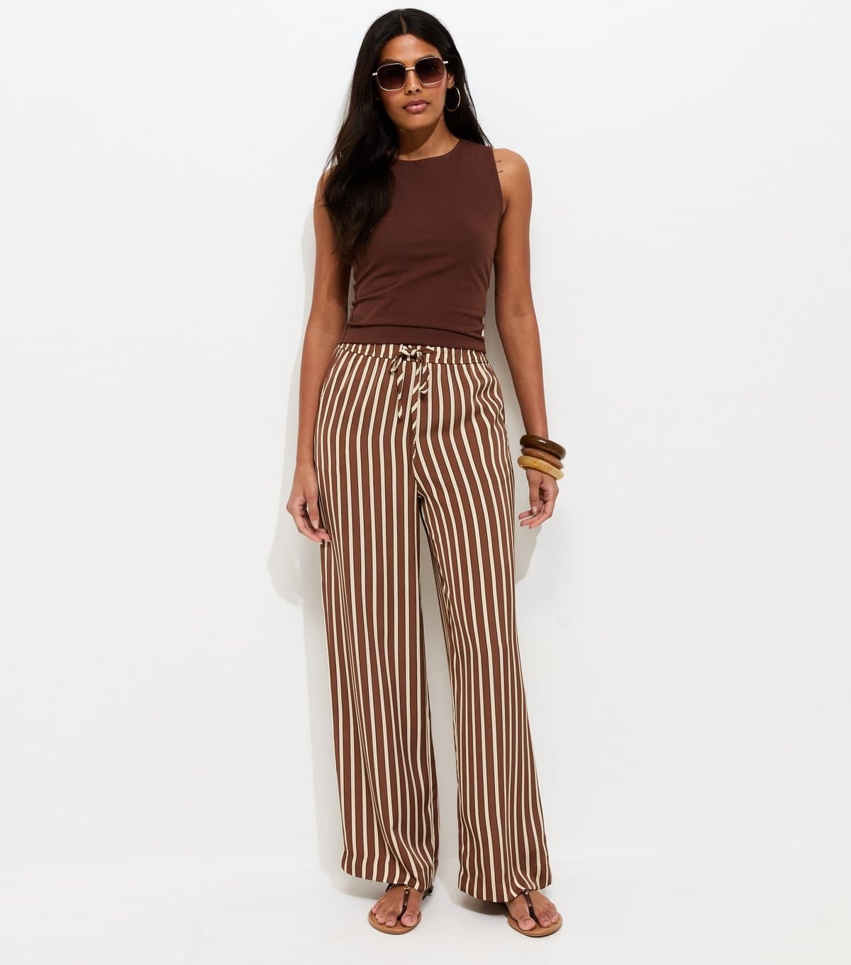 New Look Women's Cream Stripe Wide Leg Trousers New Look