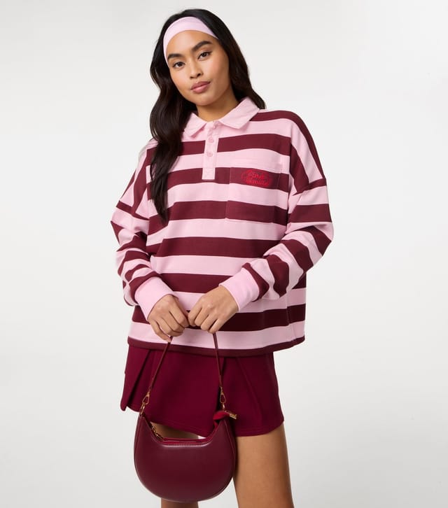 Pink Vanilla Women's Pink Cotton Rich Striped Oversized Rugby Top Pink Vanilla New Look - 3