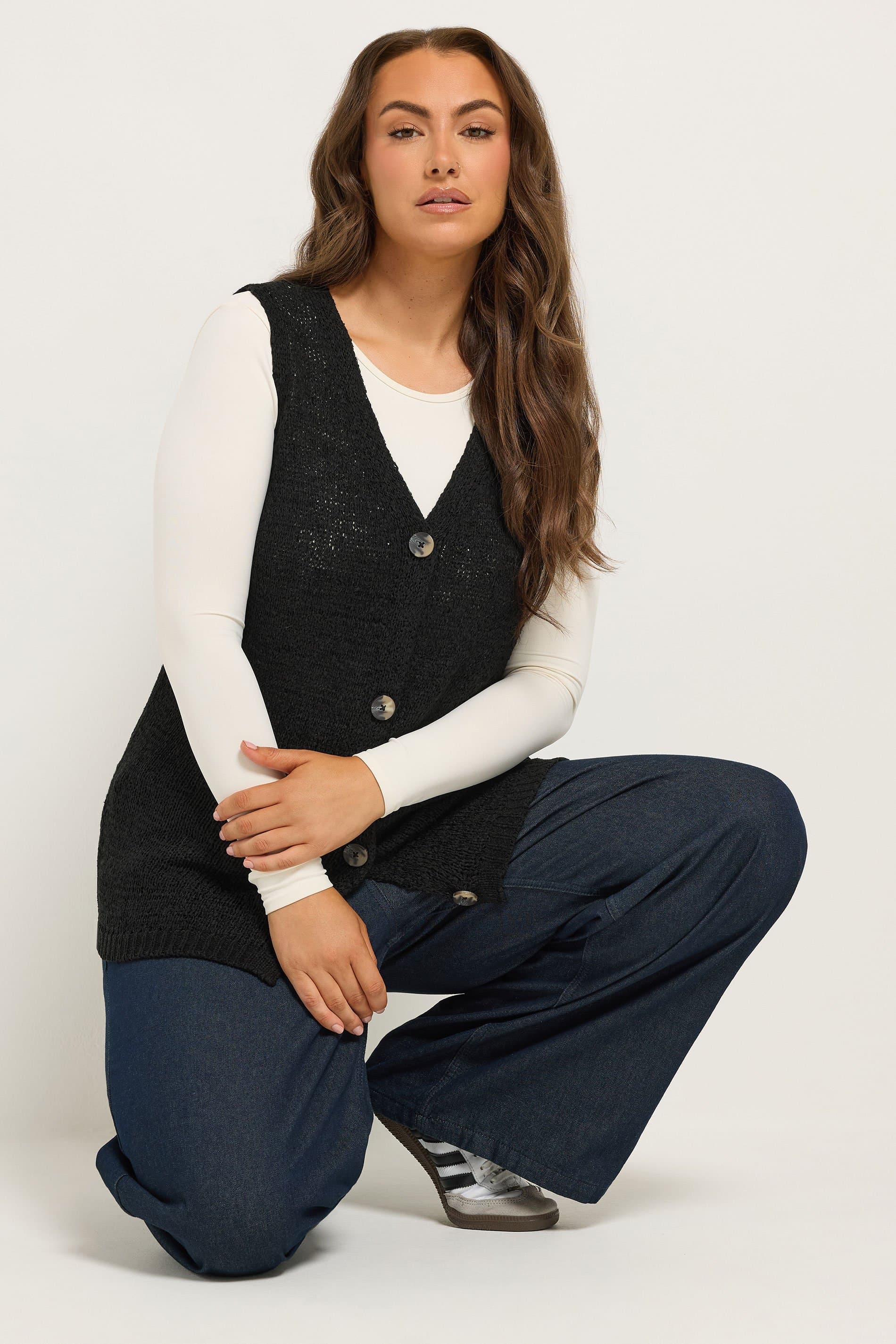 Yours Plus Size Black Button Through Knitted Waistcoat
