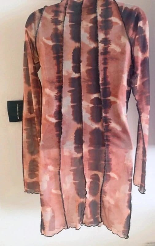 ASOS ASOS Mesh Tie Dye Top UK 6 Sheer Y2K Long Sleeve high Neck Brown Nude - 1