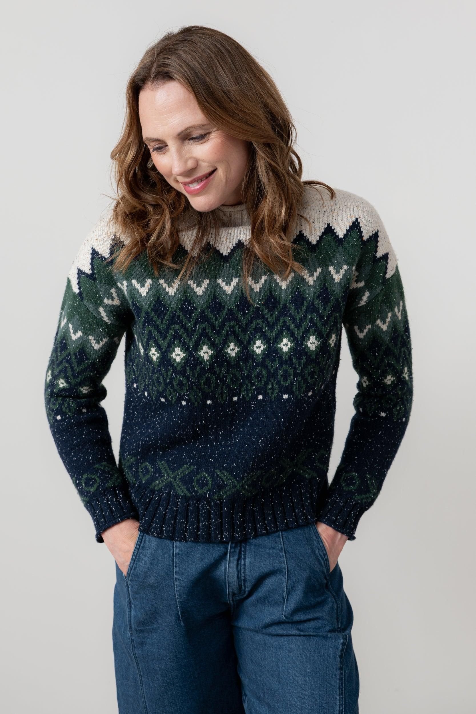 Lily & Me Lily & Me Women's Maeve High Neck Cotton Blend Fair Isle Jumper in Dark Green - 2