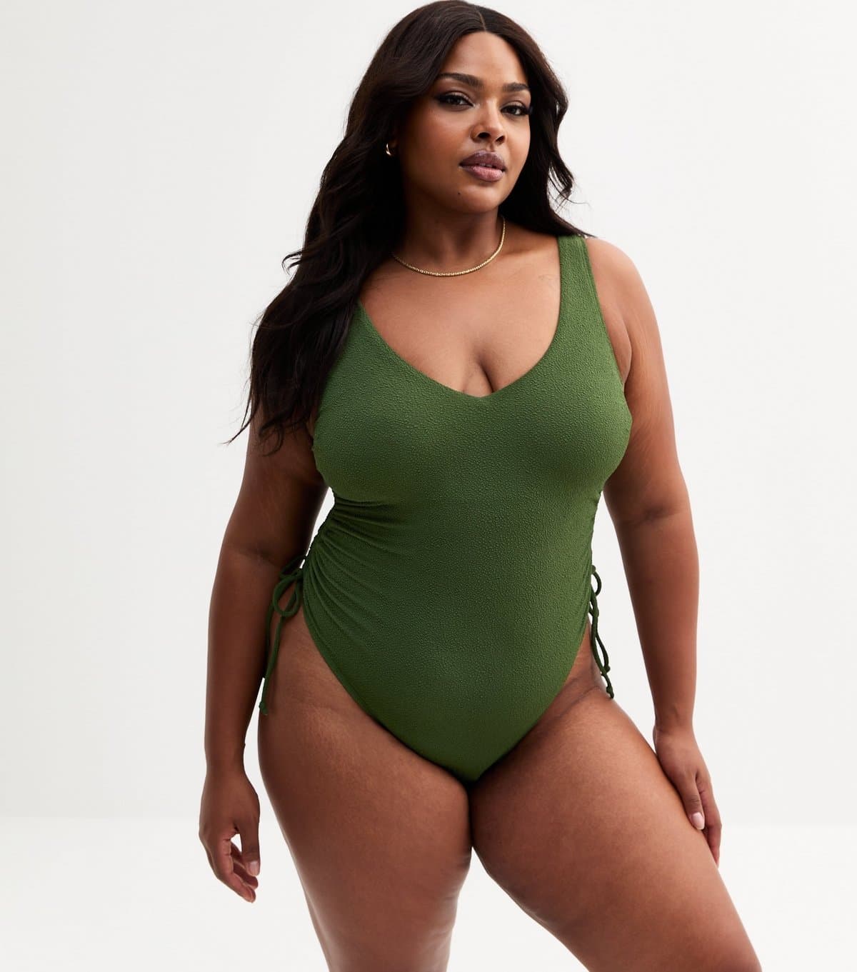 New Look Women's Plus Size Khaki Textured Ruched Side Swimsuit Curves New Look