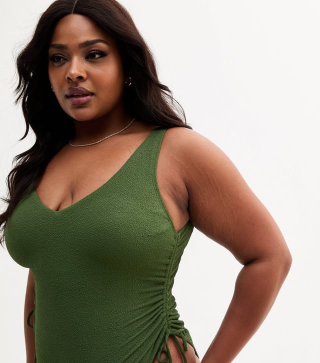 New Look Women's Plus Size Khaki Textured Ruched Side Swimsuit Curves New Look - 2