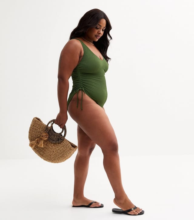 New Look Women's Plus Size Khaki Textured Ruched Side Swimsuit Curves New Look - 3