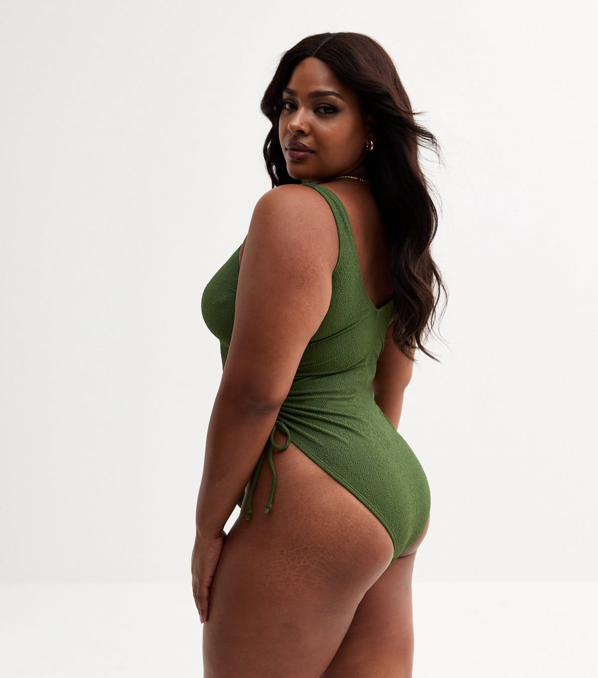 New Look Women's Plus Size Khaki Textured Ruched Side Swimsuit Curves New Look - 4