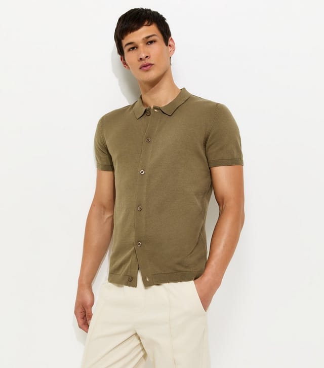 New Look Men's Light Khaki Regular Button Through Polo Top New Look - 2