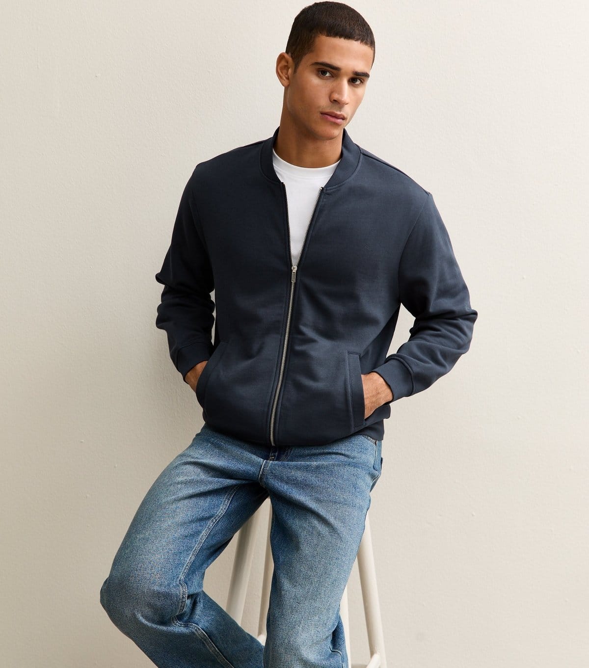 New Look Men's Navy Relaxed Zip Through Jersey Bomber Jacket New Look - 4