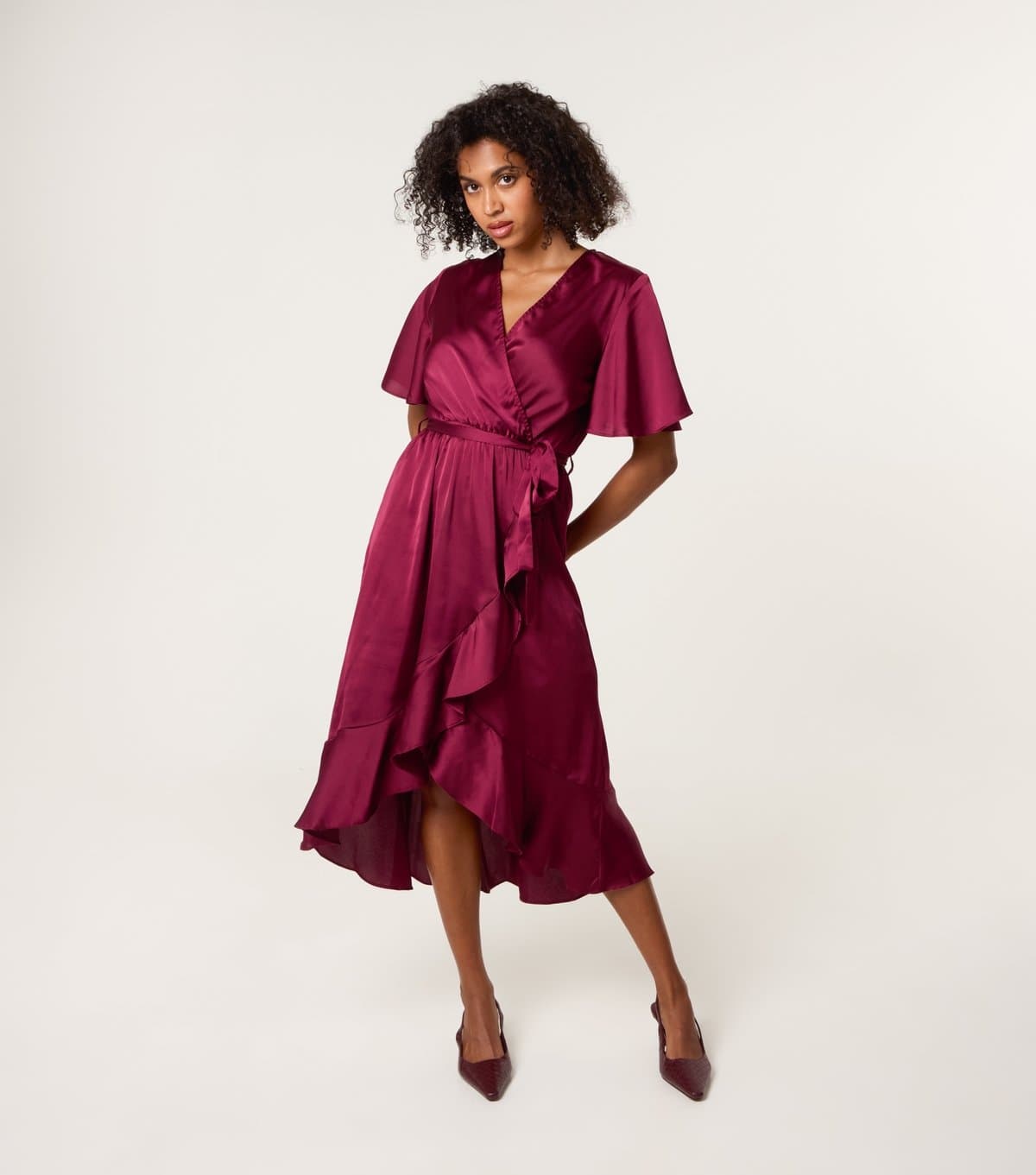 Blue Vanilla Women's Light Burgundy Satin Frill Midi Dress Blue Vanilla New Look