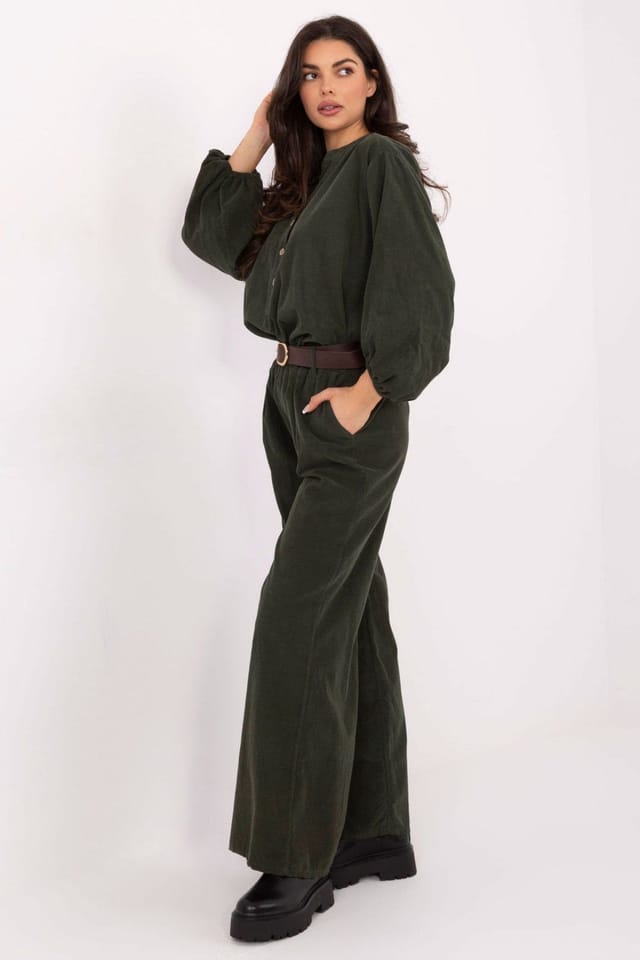 Love Lace Love Lace Women's High Waist Corduroy Wide Leg Trousers in Green - 2
