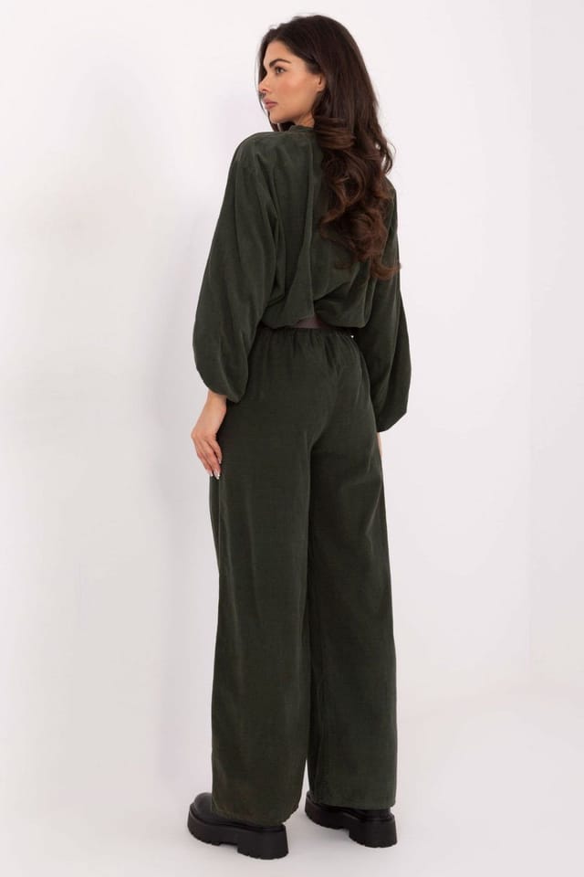 Love Lace Love Lace Women's High Waist Corduroy Wide Leg Trousers in Green - 3