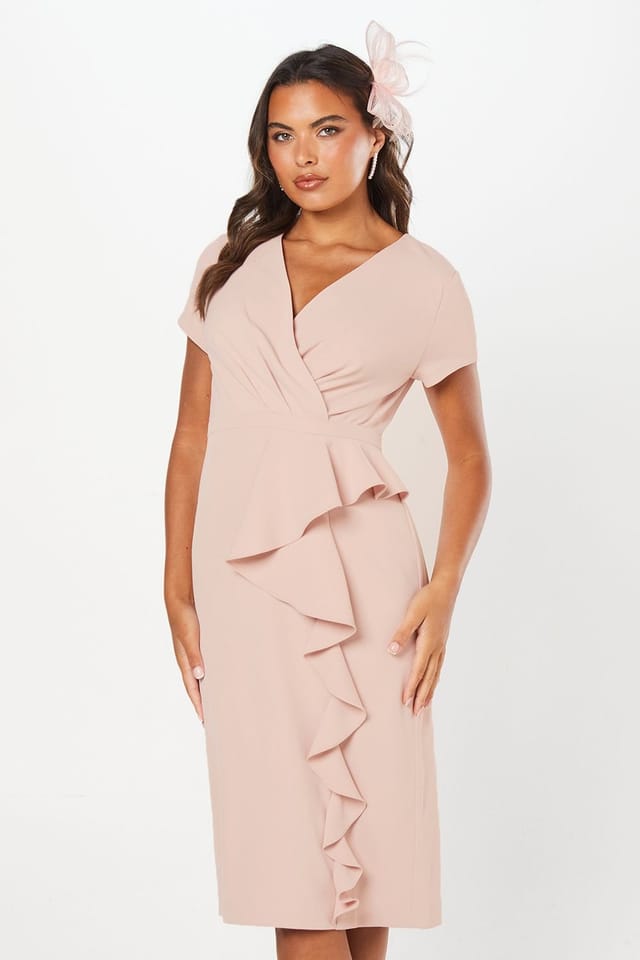 Wallis Wallis Women's Tailored Crepe Ruffle Pencil Dress in Blush - 2