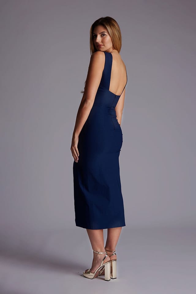 Vesper Vesper Women's Cross Neck Midaxi Dress with Thigh Split in Navy - 3