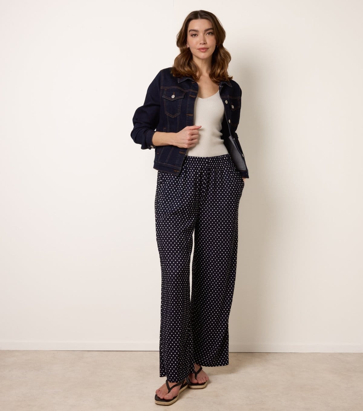 Blue Vanilla Navy Polka Dot Wide Leg Trousers