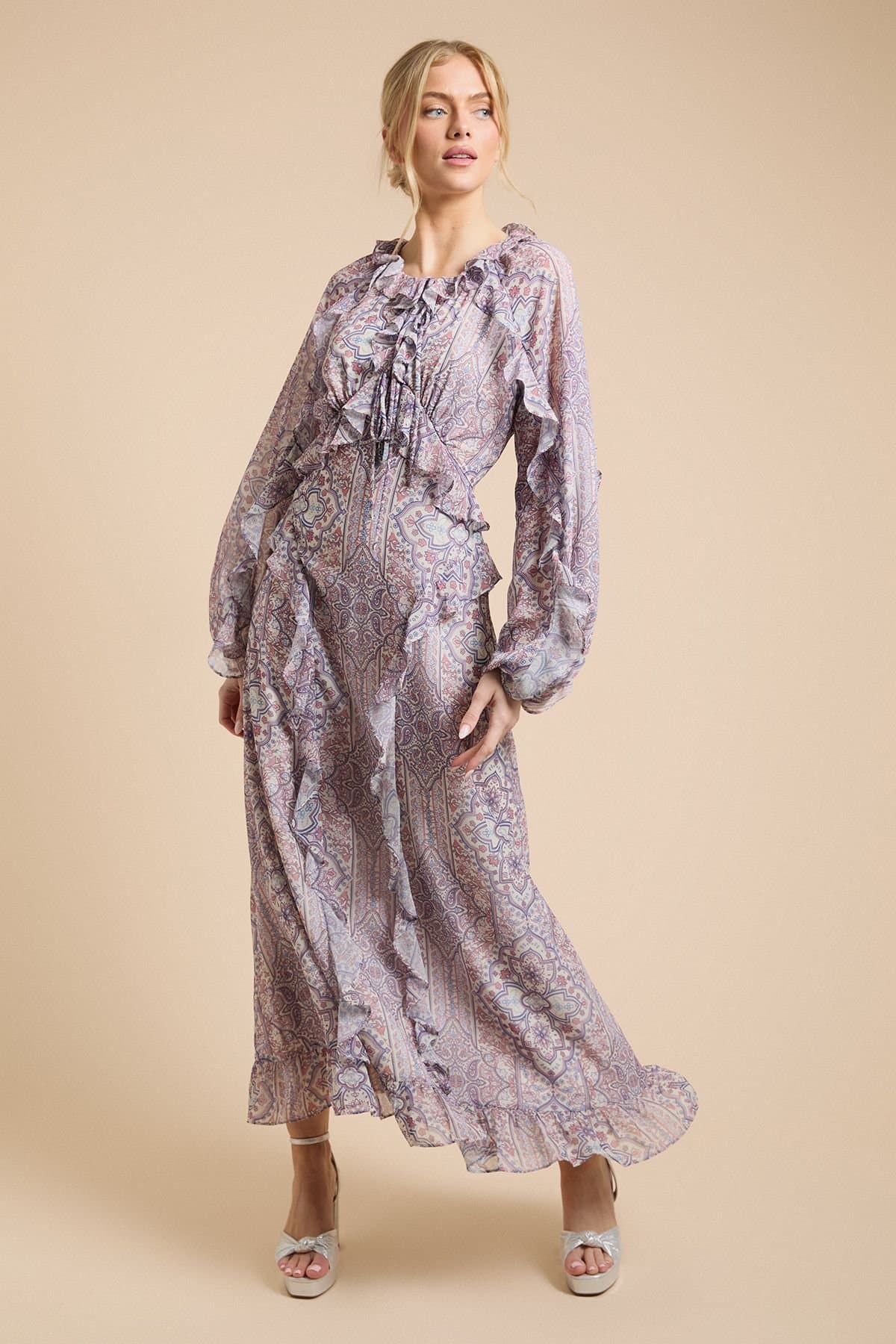 Oasis Oasis Women's Frill Keyhole Maxi Dress in Blue