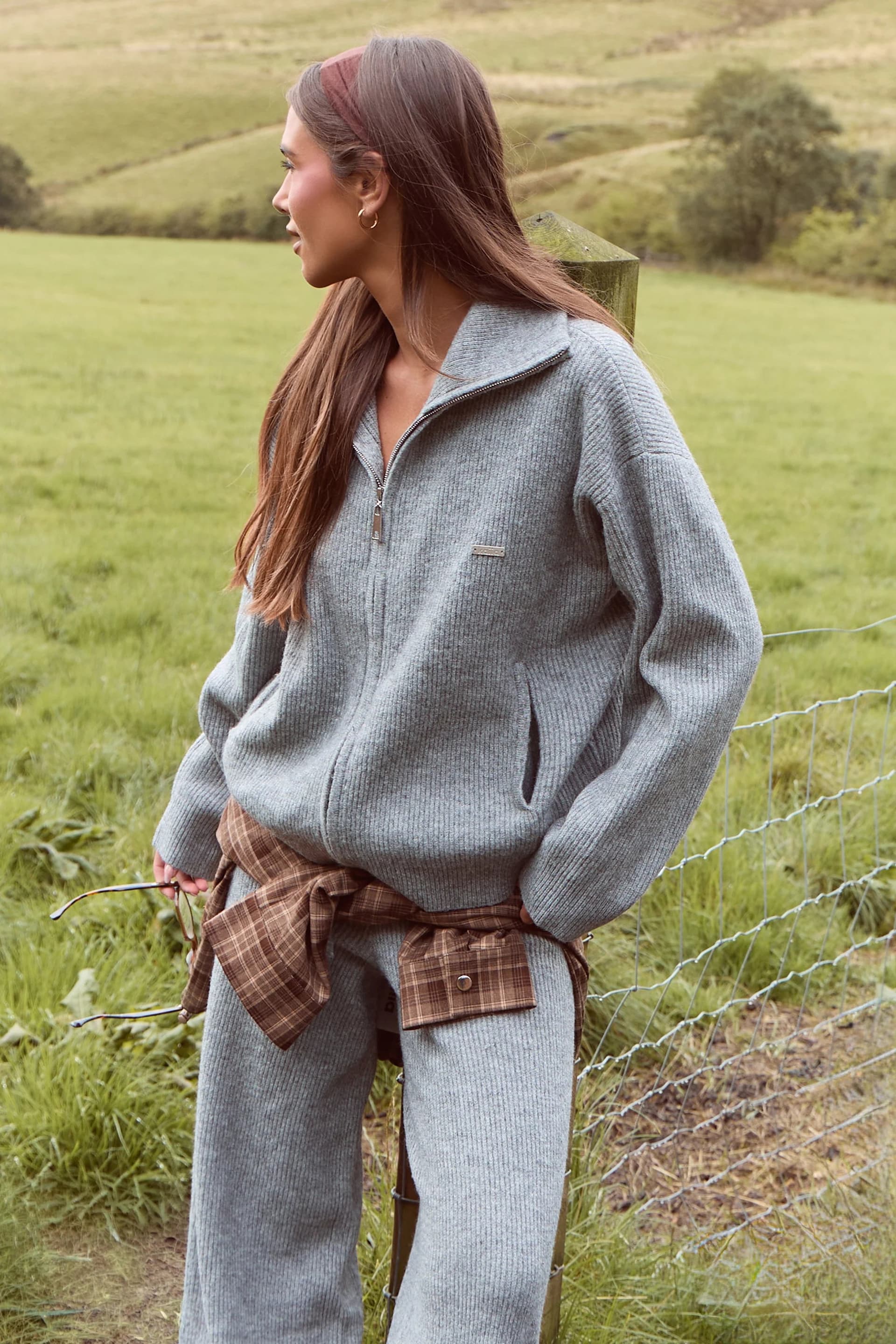 Kaiia Kaiia Knit Oversized Funnel Neck Zip Through Jacket Grey Marl