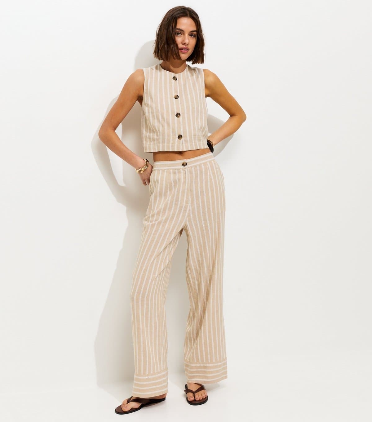 New Look Women's Cream Striped Wide Leg Trousers New Look